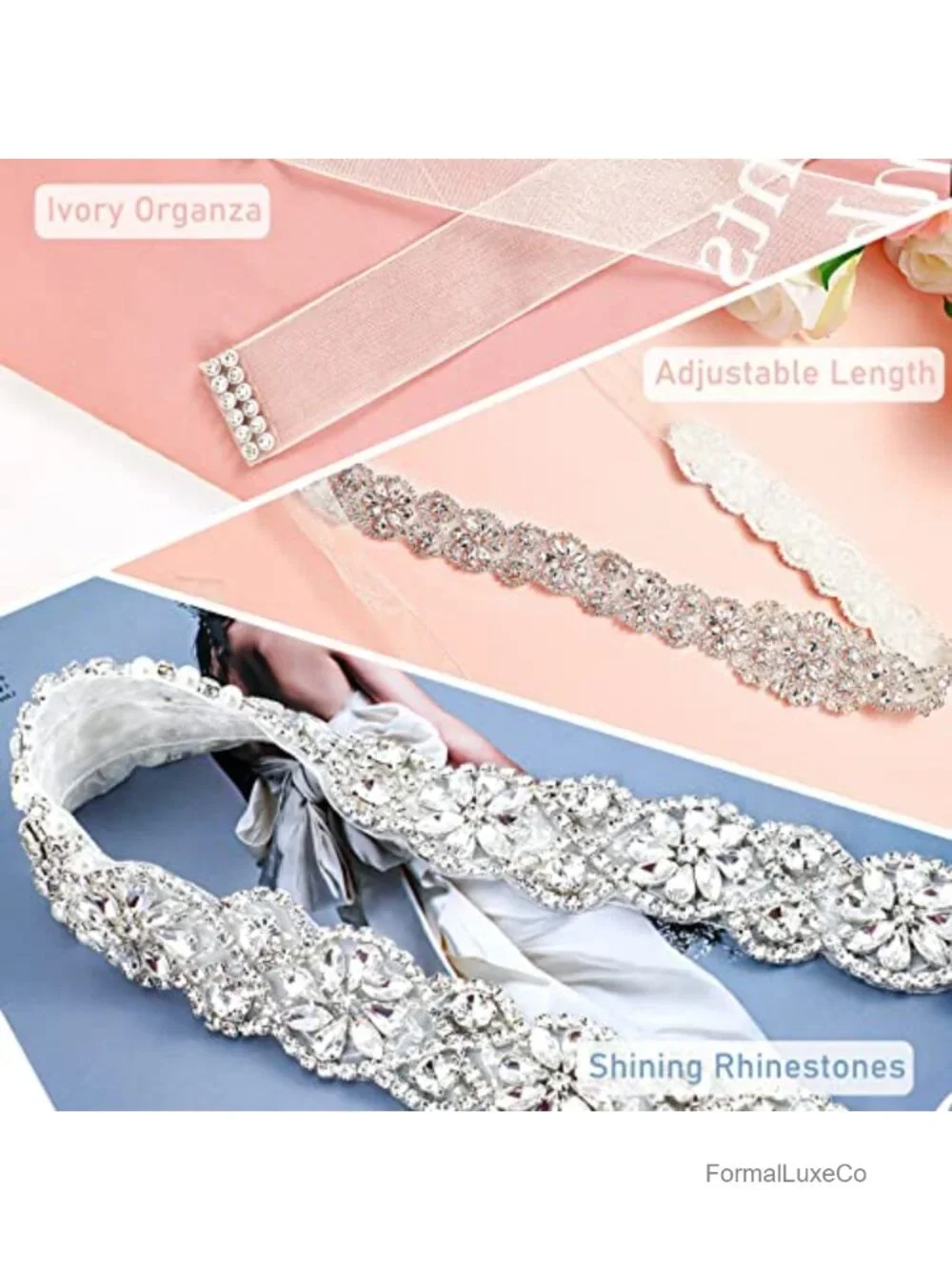 Bridal Belt Wedding Dress Rhinestone Crystal Sash with Organza Adjustable